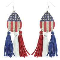 USA FLAG - WOODEN TEARDROP SUEDE FRINGE HOOK DANGLE LONG DROP EARRINGS