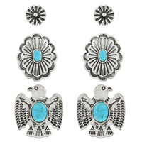 AMERICAN EAGLE - 3 PAIR SET WESTERN THEMED TURQUOISE STONE CONCHO STUD EARRINGS