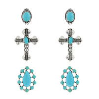CROSS - 3 PAIR SET WESTERN THEMED TURQUOISE STONE CONCHO STUD EARRINGS