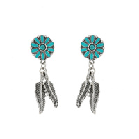 FEATHER - VINTAGE WESTERN FLORAL TURQUOISE SEMI STONE DANGLE DROP EARRINGS