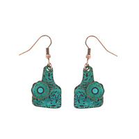 FLORAL - TURQUOISE SEMI STONE WESTERN STAMPED METAL DESIGN  CATTLE TAG HOOK DANGLE EARRINGS