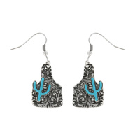 CACTUS - TURQUOISE SEMI STONE WESTERN STAMPED METAL DESIGN  CATTLE TAG HOOK DANGLE EARRINGS