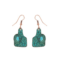 CONCHO - TURQUOISE SEMI STONE WESTERN STAMPED METAL DESIGN  CATTLE TAG HOOK DANGLE EARRINGS