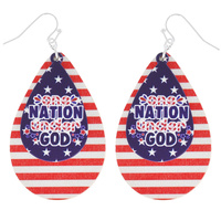 ONE NATION - PATRIOTIC USA THEMED AMERICAN FLAG WOODEN TEARDROP FISH HOOK DANGLE EARRINGS IN SILVER TONE METAL