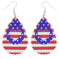 HEART CUTOUT-PATRIOTIC USA THEMED AMERICAN FLAG WOODEN TEARDROP FISH HOOK DANGLE EARRINGS