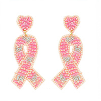 BREAST CANCER PINK RIBBON SEED BEAD HANDMADE BEAD MIX BEADED EMBROIDERY DANGLE AND DROP EARRINGS