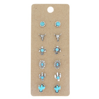 6 PAIRS SET-WESTERN THEMED TURQUOISE SEMI STONE DAINTY STUD EARRINGS IN SILVER TONE OXIDIZED  METAL