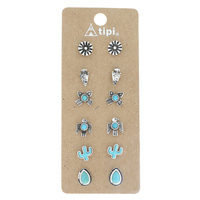 6 PAIRS SET-WESTERN THEMED TURQUOISE SEMI STONE DAINTY STUD EARRINGS IN SILVER TONE OXIDIZED  METAL