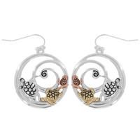 SEA TURTLE - NAUTICAL SEA LIFE THREE TONE METAL  SWIRL HOOK DANGLE EARRINGS