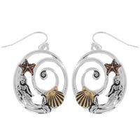 MERMAID - NAUTICAL SEA LIFE THREE TONE METAL  SWIRL HOOK DANGLE EARRINGS