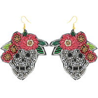 HALLOWEEN DAY OF THE DEAD SUGAR SKULL WITH FLOWER SEED BEAD DANGLE EARRINGS