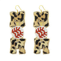 SOFTBALL MOM-SEED BEAD HANDMADE LEOPARD PRINT FAUX SUEDE BEADED DANGLE AND DROP HOOK EARRINGS