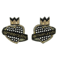SEED BEAD HANDMADE "BIRTHDAY QUEEN" HEART SHAPED BEADWORK JEWELED DROP EARRINGS