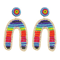 LARGE MULTICOLOR SEED BEAD ARCH HANDMADE JEWELED EMBROIDERY DANGLE AND DROP EARRINGS