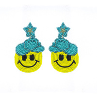 SEED BEAD HANDMADE BEADWORK COWBOY HAT SMILEY FACE DROP EARRINGS
