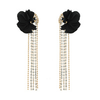 BOHO FABRIC FLOWER PETAL CRYSTAL TASSEL LONG DROP EARRINGS