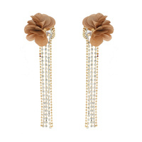 BOHO FABRIC FLOWER PETAL CRYSTAL TASSEL LONG DROP EARRINGS
