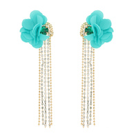 BOHO FABRIC FLOWER PETAL CRYSTAL TASSEL LONG DROP EARRINGS