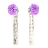 BOHO FABRIC FLOWER PETAL CRYSTAL TASSEL LONG DROP EARRINGS