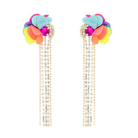 BOHO FABRIC FLOWER PETAL CRYSTAL TASSEL LONG DROP EARRINGS