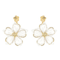 2-TIER FLORAL PAVE DANGLE AND DROP TULLE EARRINGS IN GOLD TONE METAL