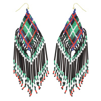 NATIVE AMERICAN SEED BEAD TARTAN PRINT TASSEL EARRINGS