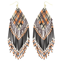 NATIVE AMERICAN SEED BEAD TARTAN PRINT TASSEL EARRINGS