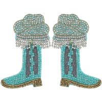 LARGE WESTERN SEED BEAD COWBOY BOOT  & HAT HANDMADE BEAD MIX JEWELED EMBROIDERY DANGLE AND DROP EARRINGS