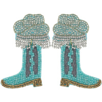 LARGE WESTERN SEED BEAD COWBOY BOOT  & HAT HANDMADE BEAD MIX JEWELED EMBROIDERY DANGLE AND DROP EARRINGS