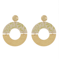 BOHO OPEN HALF CIRCLE LEAF PRINT LEATHER WOODEN DANGLE AND DROP EARRINGS