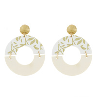 BOHO OPEN HALF CIRCLE LEAF PRINT LEATHER WOODEN DANGLE AND DROP EARRINGS