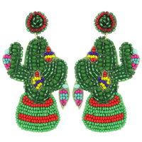WESTERN CACTUS WITH CHRISTMAS LIGHT BULB ORNAMENTS SEED BEAD DANGLE EARRINGS