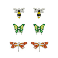 HONEY BEE/ GREEN BUTTERFLY/ ORANGE DRAGONFLY-3-PAIR GARDEN INSECTS ENAMEL STUD EARRINGS