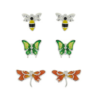 HONEY BEE/ GREEN BUTTERFLY/ ORANGE DRAGONFLY-3-PAIR GARDEN INSECTS ENAMEL STUD EARRINGS