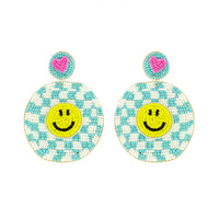 SMILEY FACE CHECKERED PRINT DISC SEED BEAD HANDMADE BEADED DANGLE AND DROP EARRINGS