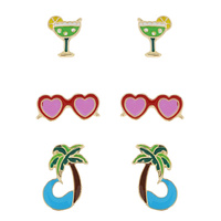 TROPICAL VACATION -3-PAIR ENAMEL STUD EARRINGS SET IN GOLD TONE METAL