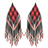 HANDMADE NATIVE AMERICAN CHECKERED PATTERN MONOCHROME SEED BEAD BEADED TASSEL DANGLE AND DROP HOOK EARRINGS