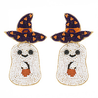 WITCH HAT TRICK OR TREATING GHOST SEED BEAD HANDMADE BEADED EMBROIDERY DANGLE AND DROP EARRINGS