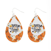 SPIDER WEB "TRICK OR TREAT"- PRINTED DOUBLE LAYER WOODEN TEARDROP HALLOWEEN THEMED DANGLE AND DROP HOOK EARRINGS