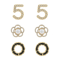 NUMBER FIVE / FLOWER/ CHAIN LINK CIRCLE - FASHIONISTA 3 PAIR PEARL STUDDED CRYSTAL PAVE ENAMEL STUD EARRING SET