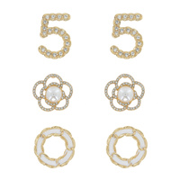 NUMBER FIVE / FLOWER/ CHAIN LINK CIRCLE - FASHIONISTA 3 PAIR PEARL STUDDED CRYSTAL PAVE ENAMEL STUD EARRING SET