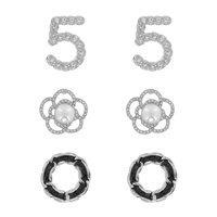 NUMBER FIVE / FLOWER/ CHAIN LINK CIRCLE - FASHIONISTA 3 PAIR PEARL STUDDED CRYSTAL PAVE ENAMEL STUD EARRING SET