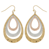 BOHEMIAN HAMMERED 3-LAYER TEARDROP DANGLE AND DROP HOOK EARRINGS