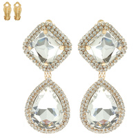 2-TIER RHINESTONE HALO CLIP ON DROP EARRINGS IN GOLD AND SILVER TONE METAL