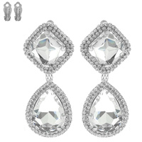 2-TIER RHINESTONE HALO CLIP ON DROP EARRINGS IN GOLD AND SILVER TONE METAL