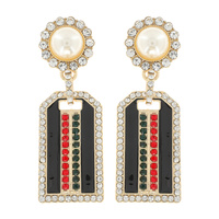 STRIPES-CRYSTAL RHINESTONE PEARL POST DANGLE AND DROP ENAMEL COATED DOG TAG EARRINGS