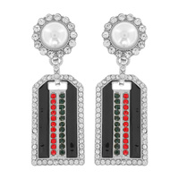 STRIPES-CRYSTAL RHINESTONE PEARL POST DANGLE AND DROP ENAMEL COATED DOG TAG EARRINGS