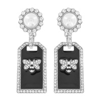 HONEY BEE-CRYSTAL RHINESTONE PEARL POST DANGLE AND DROP ENAMEL COATED DOG TAG EARRINGS