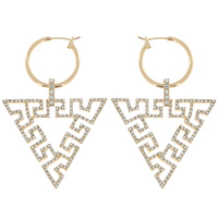CRYSTAL RHINESTONE PAVE GREEK KEY PATTERN TRIANGLE SHAPED CHARM HOOP EARRINGS