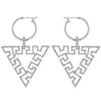 CRYSTAL RHINESTONE PAVE GREEK KEY PATTERN TRIANGLE SHAPED CHARM HOOP EARRINGS